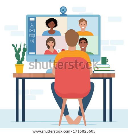 Video conference with people group. Computer screen. Man in video conference with colleagues. Home work concept. Friends talking on video. Vector illustration in flat style