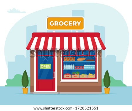 Grocery store front. Commercial, property, market or supermarket. Vector illustration in flat style