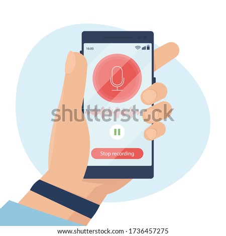 Recording concept on the phone. Voice recorder app smartphone interface. Hand holds mobile phone with screen Audio recording. Vector illustration in flat style