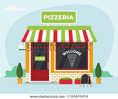 Pizzeria store front. Commercial, property, market caffee. Vector illustration in flat style