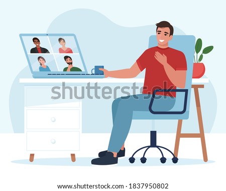 Meeting or Video conference with people group. Laptop screen. Man in video conference with colleagues. Home work concept. Friends talking on video. Vector illustration in flat style