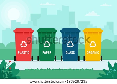 Garbage cans for organic, paper, plastic, glass waste on city background. Recycling, waste sorting, ecology, concept. Vector illustration in flat style