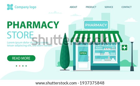 Pharmacy store landing page. Commercial, property medicine building. Vector illustration in flat style