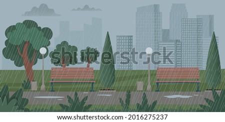 City landscape with rainy weather, thunderstorm. Rain in the park. Vector illustration in flat style