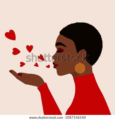 Profile side Portrait of young African woman pouty lips sends air kiss. Vector isolated illustration in flat style