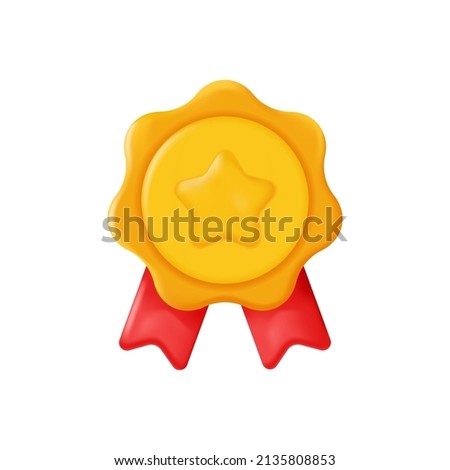 Gold badge award with star and ribbons. Winner medal, Premium quality, quality guarantee symbol. 3d vector icon in Cartoon minimal style