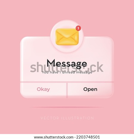 3D New message, Popup page with floating envelope. Social media, business event planning, reminders. Vector Illustration in minimal 3D style