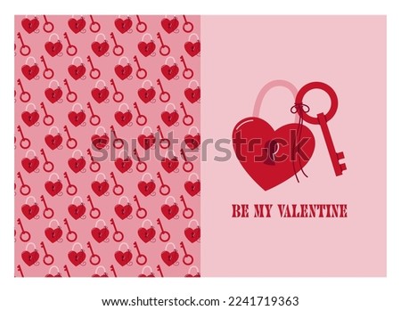 Valentine's Greeting Card with heart lock, key pattern, and the same element. Simple Vector illustration in doodle style