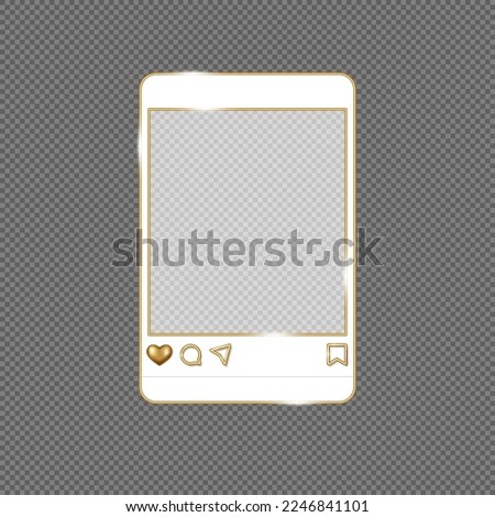 Social media photo frame with 3d golden outline icons. Post template. Vector illustration in minimal style