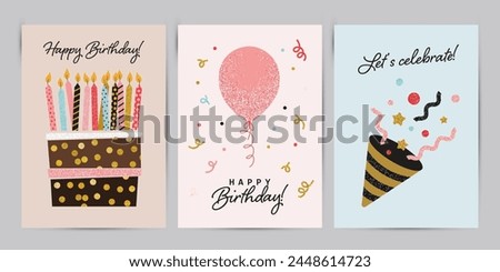 Happy Birthday greeting card and invitation templates with glitter cake, balloon, and Birthday cracker. Vector illustration in flat style