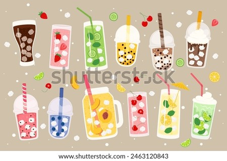 Summer drinks set illustrations. Collection of fresh cocktails, juice, smoothies, bubble tea etc. Vector illustration in flat style