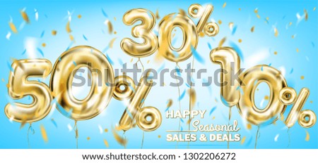 High quality vector image of gold balloon 50, 30,10 percent. Design for seasonal sales, discounts and any events, sky blue background