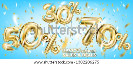 High quality vector image of gold balloon seventy fifty thirty percent. Design for seasonal sales, discounts and any events, sky blue background