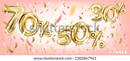 High quality vector image of gold balloon seventy fifty thirty percent. Design for seasonal sales, discounts and any events, coral pink background