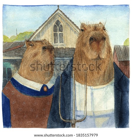 Capybara American Gothic watercolor illustration