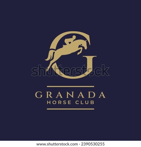 Elegant luxury letter G monogram horse jumping logo, letter G horse logo, show jumping horse logo, logo type, typography.