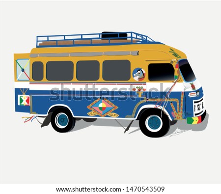 Colorful lengendary mini bus named 'Car Rapid' in Dakar Senegal profile - side view vector illustration