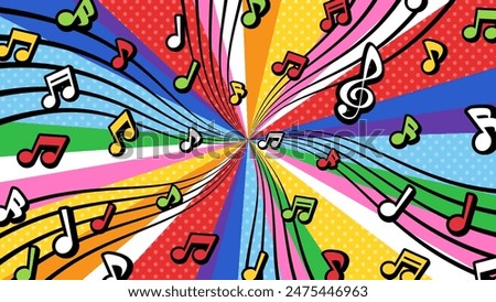 Background illustration of music notes and explosion smoke_American comic style_Rainbow