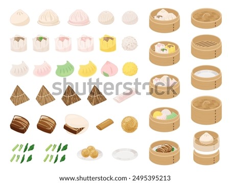 Dim sum and bamboo steamer illustration material set