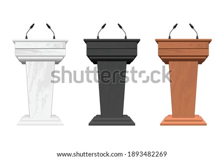 Wooden podium tribune with microphones vector illustration isolated on white