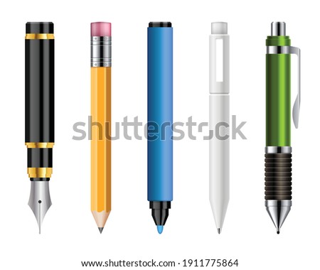 Set of realistic pens and pencils vector illustration isolated on white