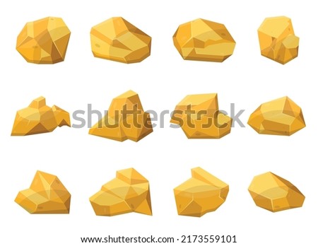 Set of gold stones and boulders in cartoon style. Gold nuggets. Gemstones. Gold mine elements