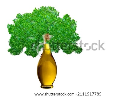 Extra virgin olive oil idea concept. Olive tree and olive oil in a glass bottle forming a tree, isolated on white background with blank space Stock foto © 