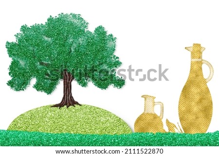 Extra virgin olive oil idea concept. Olive tree and olive oil in a glass bottle free hand drawn, isolated on white background with blank space Stock foto © 