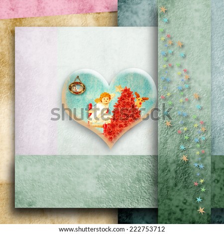Christmas card with space for writing, Angel in a heart and fir on color paper background