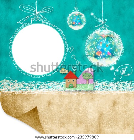 Christmas background with photoframe children and cute Christmas balls and blank space for writing congratulation cards