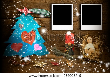 Funny Christmas card with two photo frames, Baby Jesus in his crib and fun Christmas tree