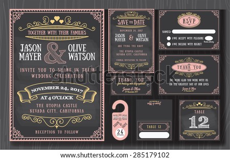 Vintage wedding invitation chalkboard design sets include Invitation card, Save the date, RSVP card, Thank you card, Table number, Gift tags, Place cards, Respond card, Save the date door hanger