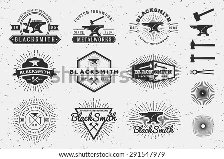 Set of Modern Vintage Blacksmith and Metalworks insignia logotype Template Design with anvil, hammer, star burst. Vector illustration