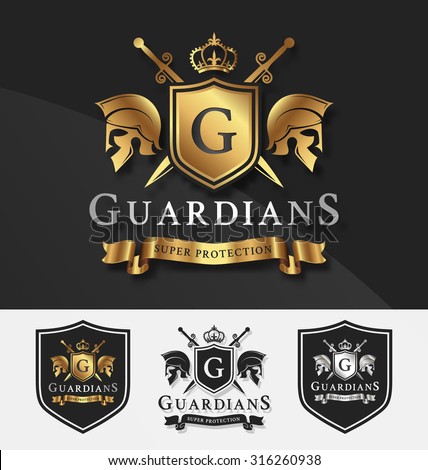 Shield and Two Guardians with cross knight crest logo template for Protection, Victory, Fighting, Safety concept. Vector illustration