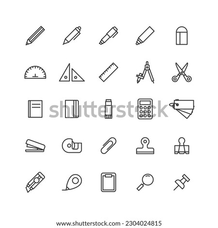 Stationery line drawing icon set.