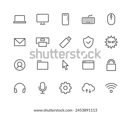 Computer related line drawing icon set.