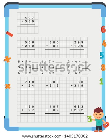 Adding and Subtracting Fractions Mathematical Worksheet Set. Triangles. Coloring Book Page. Math Puzzle. Educational Game. Vector illustration. 