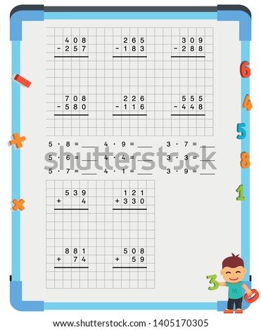 Adding and Subtracting Fractions Mathematical Worksheet Set. Triangles. Coloring Book Page. Math Puzzle. Educational Game. Vector illustration. 