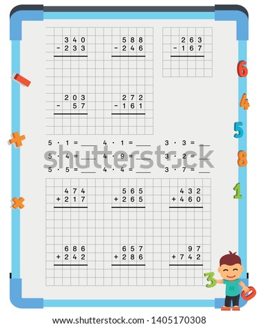 Adding and Subtracting Fractions Mathematical Worksheet Set. Triangles. Coloring Book Page. Math Puzzle. Educational Game. Vector illustration. 