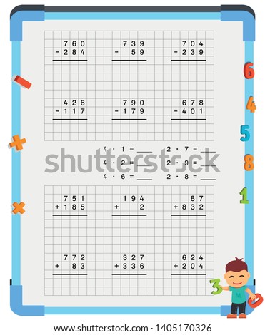 Adding and Subtracting Fractions Mathematical Worksheet Set. Triangles. Coloring Book Page. Math Puzzle. Educational Game. Vector illustration. 