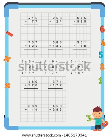 Adding and Subtracting Fractions Mathematical Worksheet Set. Triangles. Coloring Book Page. Math Puzzle. Educational Game. Vector illustration. 