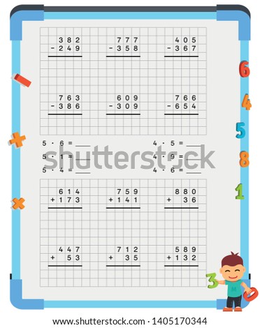 Adding and Subtracting Fractions Mathematical Worksheet Set. Triangles. Coloring Book Page. Math Puzzle. Educational Game. Vector illustration.  