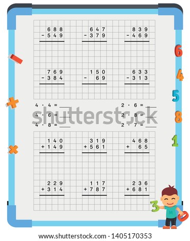 Adding and Subtracting Fractions Mathematical Worksheet Set. Triangles. Coloring Book Page. Math Puzzle. Educational Game. Vector illustration. 