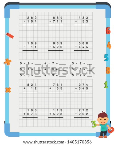 Adding and Subtracting Fractions Mathematical Worksheet Set. Triangles. Coloring Book Page. Math Puzzle. Educational Game. Vector illustration. 