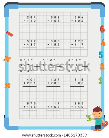 Adding and Subtracting Fractions Mathematical Worksheet Set. Triangles. Coloring Book Page. Math Puzzle. Educational Game. Vector illustration. 