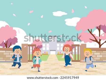 Illustration of cherry tree, school building and school gate , elementary school students carrying school bags.