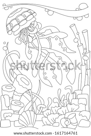 Jellyfish in the sea among sea plants and air bubbles, black and white vector illustration in a cartoon style for a coloring book