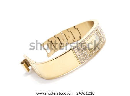 woman golden wrist watch with gems isolated on white