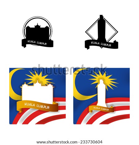 a set of labels and backgrounds with famous places in kuala lumpur