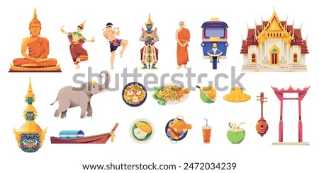 Vector Travel Thailand Cartoon Traditional Culture Set Illustration Isolated